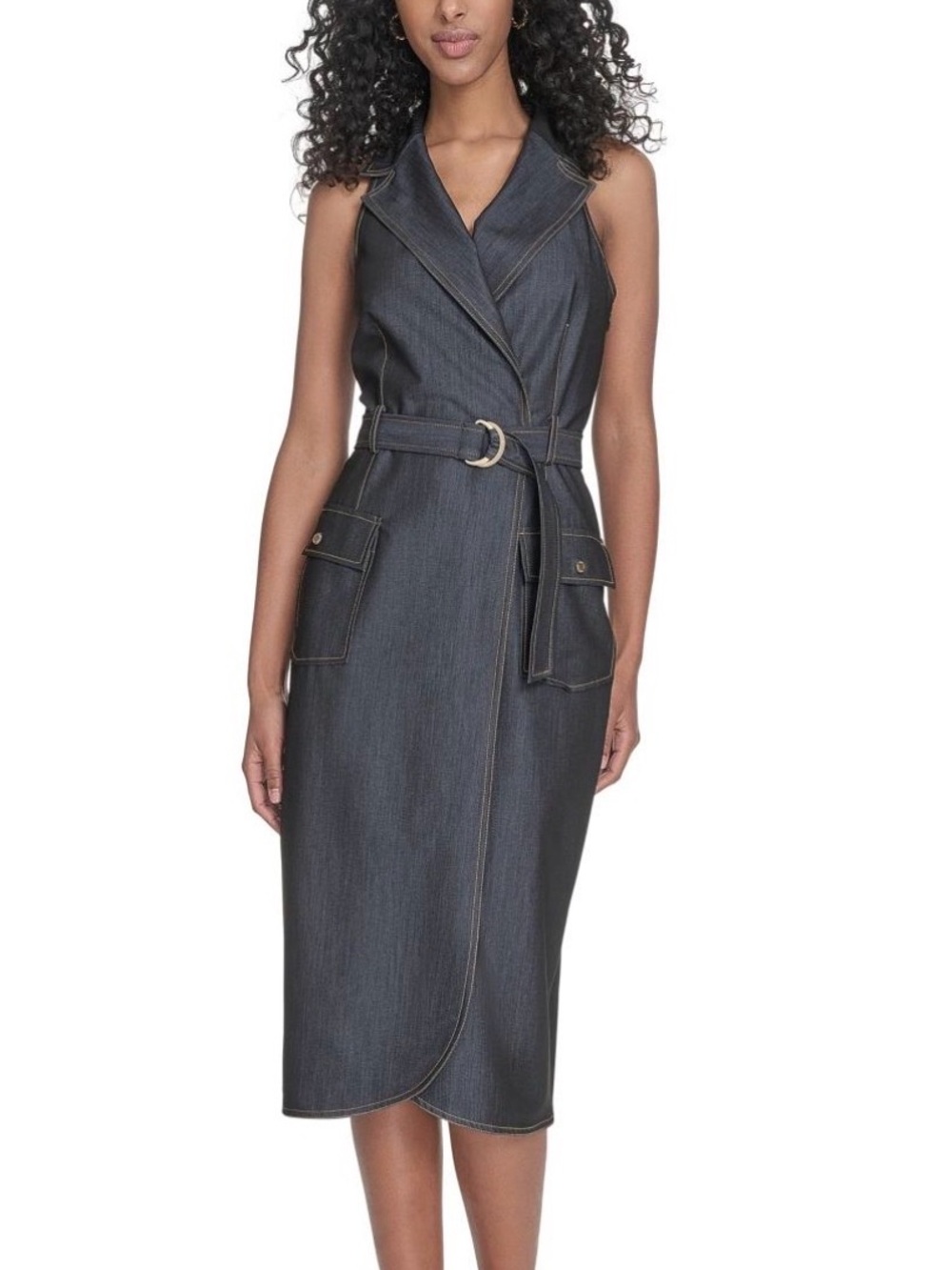 Calvin Klein Women's Faux Denim Wrap Dress Sleeveless, Belted, Size 4